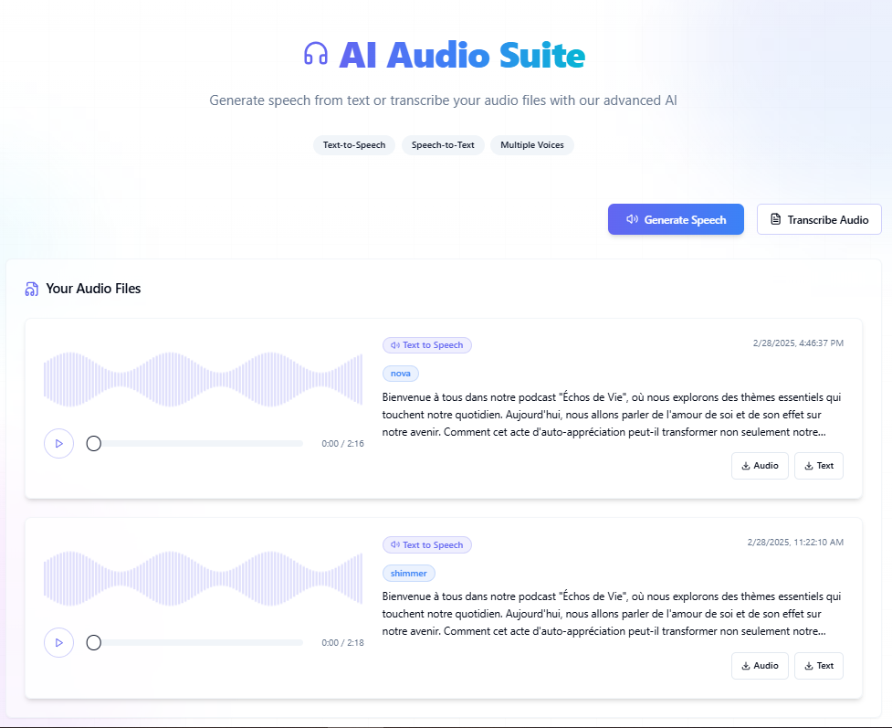 Génération audio et transcription IA